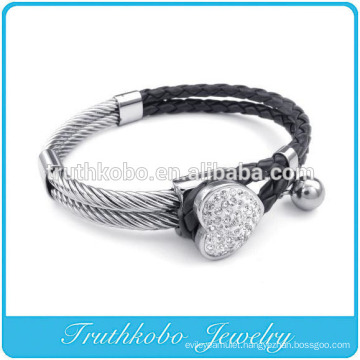 Fashion Womens Leather Bracelet Heart Rhinetone Cuff Stainless Steel Charm Fourleaf Clover Crystal Bangle